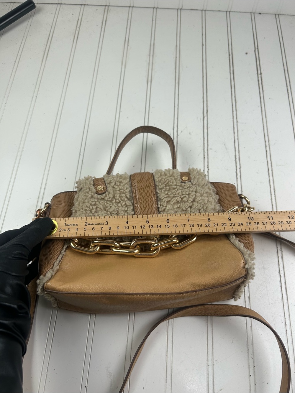 Anne Klein Vintage Y2K Mixed Media Sherpa Crossbody Satchel Brown Pearl Accent - Picture 13 of 15